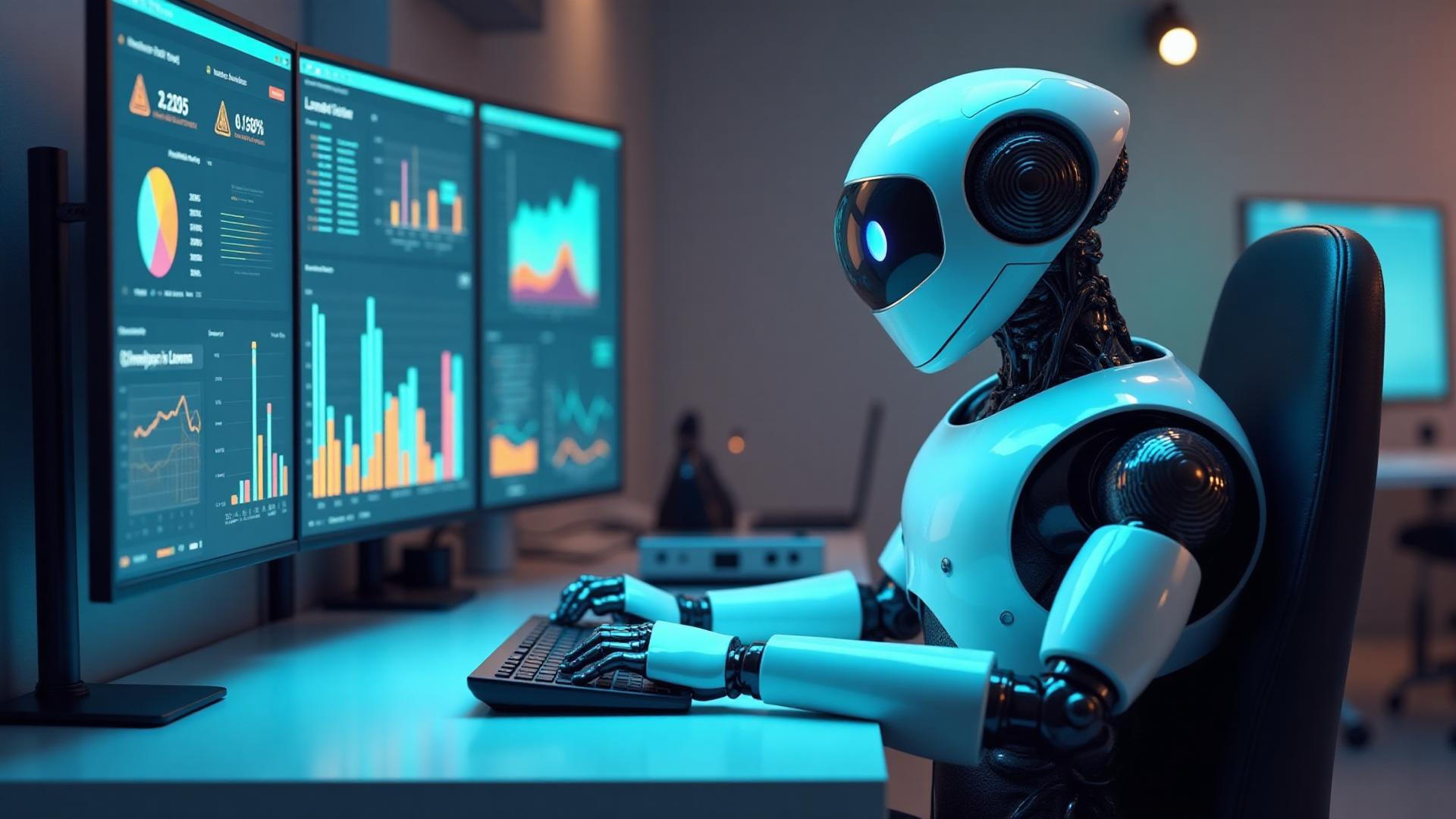 AI robot agent analyzing data dashboards and business intelligence on multiple screens